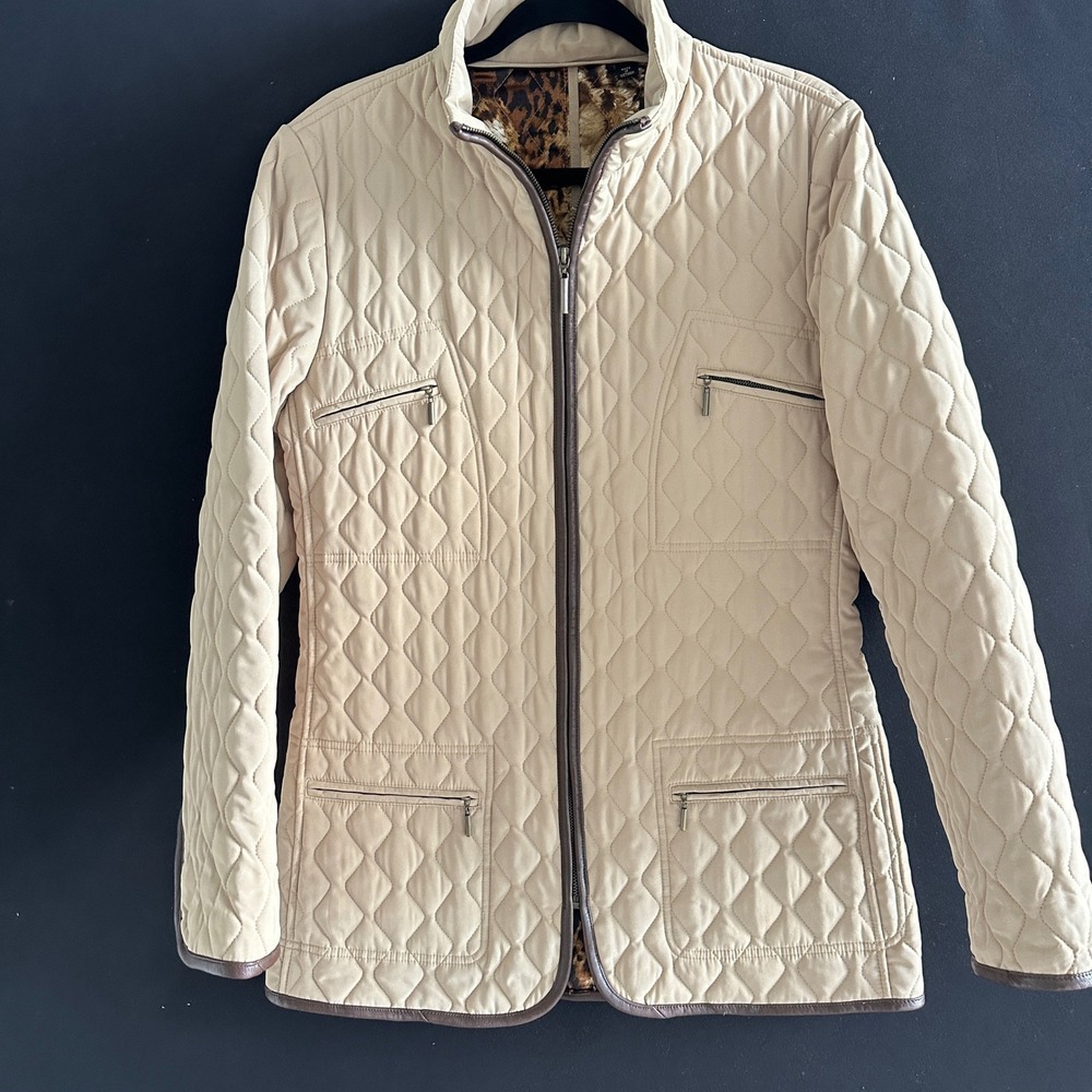 Dana Buchman Quilted Coat Womens Medium‎ Tan Leopard Lining Leather Equestrian